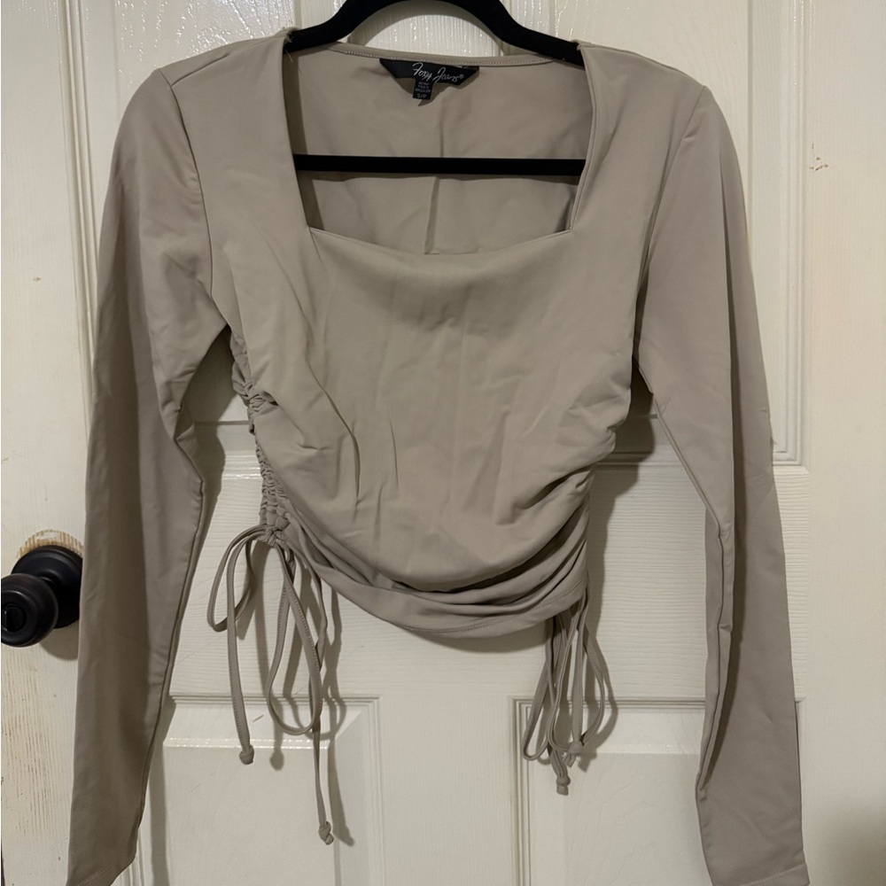 Foxy Jeans Taupe Ruched Square Neck Long Sleeve Top | Size S - Picture 3 of 12